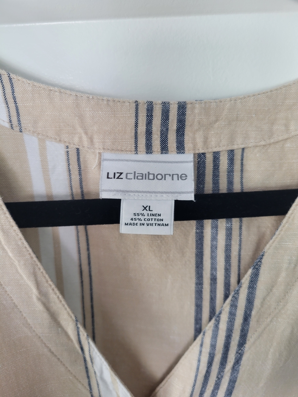 Liz Claiborne Sleeveless Linen Beige Striped Button-Front Dress with Tie Waist - Picture 3 of 7
